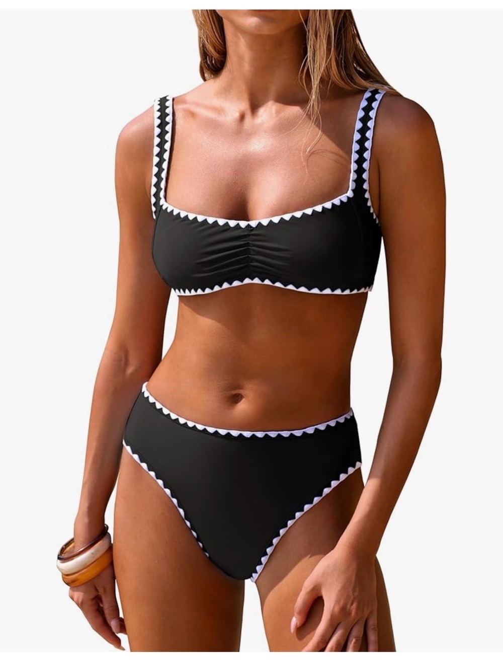 Black Bikini Set with White Scalloped Trim - Women Swim